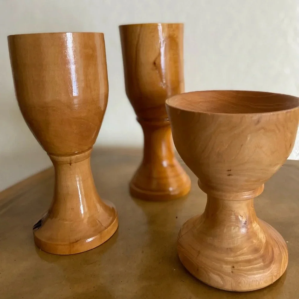 Set of 3 Turned Wood Bob Humbert Goblet Cups Elm Cherry Dogwood - Picture 3 of 12